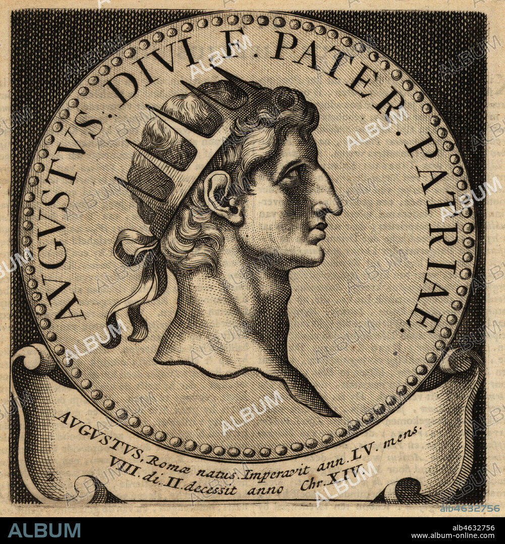 Roman Emperor Augustus, Imperator Caesar Divi filius Augustus, 63BC to AD14. Roman statesman and military leader. Copperplate engraving from Abraham Bogaerts De Roomsche Monarchy, The Roman Monarchy, Francois Salma, Utrecht, 1697.