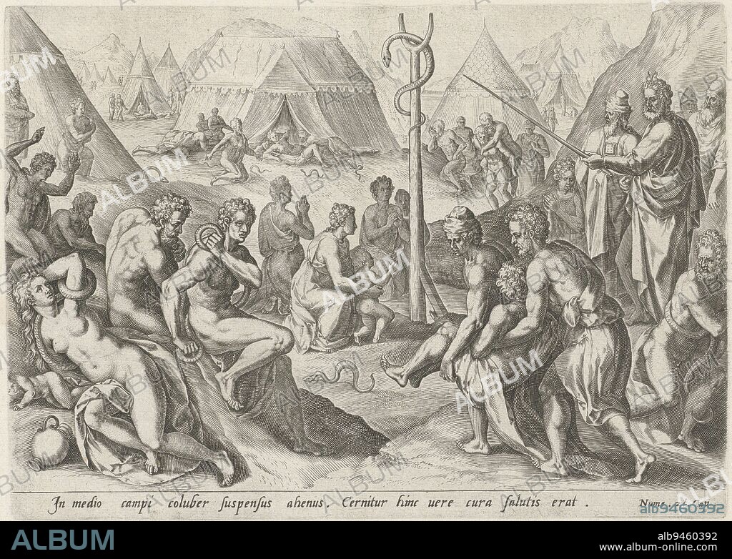In the foreground the Jewish people are attacked by snakes. In the second, Moses points with his staff to a stake on which a copper serpent is attached. Those who look at the image will be healed of snake bites. The print has a Latin inscription and is the sixth print of a six-part series on the history of Moses and the Jewish people in the desert after the Exodus. Raising the Copper Serpent History of Moses after the Exodus , print maker: Johann Sadeler (I), Crispijn van den Broeck, publisher: Gerard de Jode, Antwerp, 1579, paper, engraving, h 190 mm × w 268 mm.