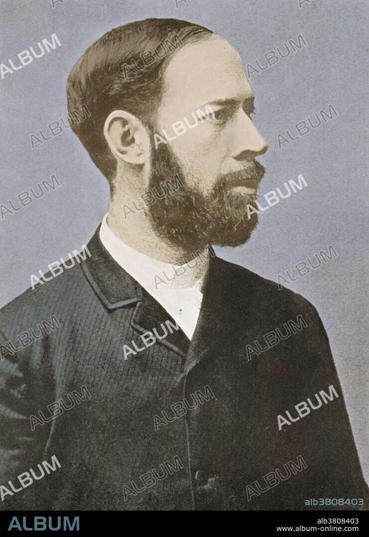 Portrait of Heinrich Rudolf Hertz (1857-1894), German physicist and discoverer of radio waves. Hertz studied at Berlin, gaining his PhD in 1880. He then moved to Kiel, where he started investigations in electromagnetism. He used Maxwell's theories to construct an oscillating electrical circuit with a spark gap. With such a circuit, Maxwell had predicted that electromagnetic radiation would be produced. Hertz showed this to be correct, and devised a loop antenna to detect the waves. He was also able to show that these waves travelled at the speed of light. Hertz died from blood poisoning at the age of 36 while a professor of physics at Bonn.