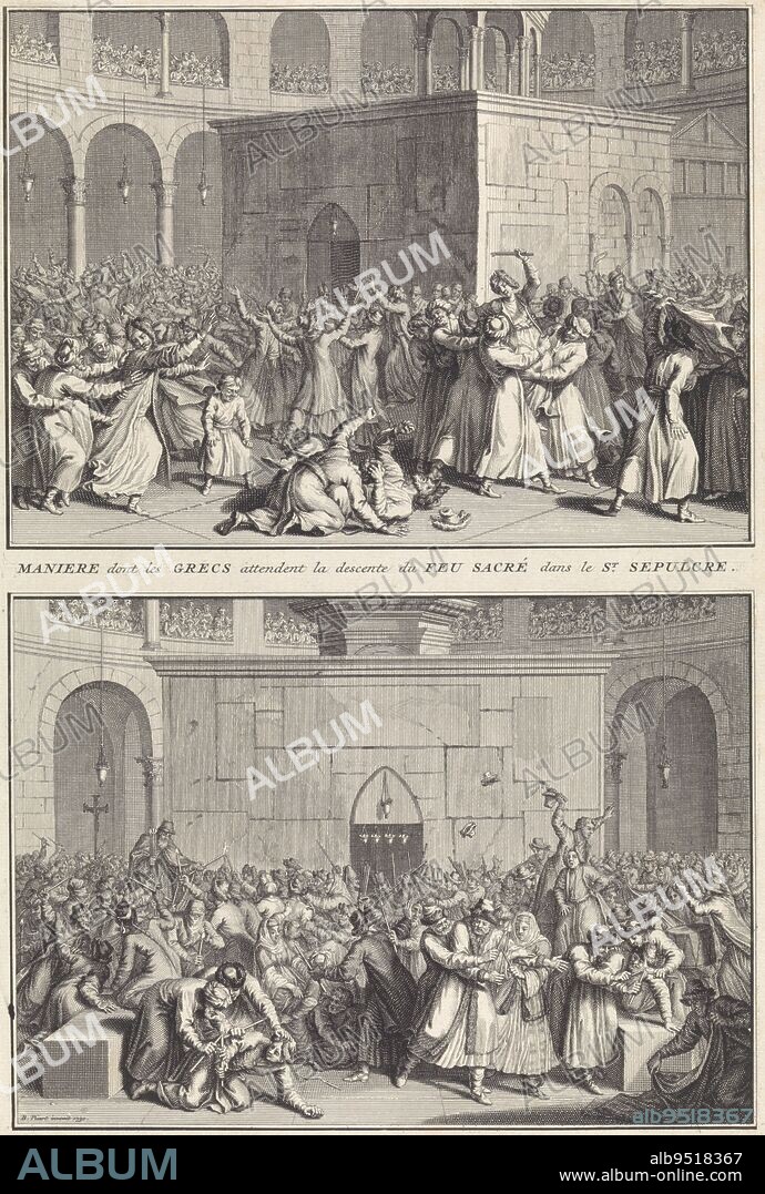 Eastern Orthodox Christians awaiting the Holy Fire in the Church of the Holy Sepulchre in Jerusalem on the day of Easter Eve, Bernard Picart (workshop of), after Bernard Picart, 1730, Sheet with two representations of the Eastern Orthodox ceremonial reception of the Holy Fire on the day of Easter Eve in the Church of the Holy Sepulchre. Above: Eastern Orthodox Christians walk around the Holy Sepulchre in the Church of the Holy Sepulchre in Jerusalem, calling for holy fire and clashing with each other. Below: The Patriarch emerges from the Holy Sepulcher with candles burning. The crowd fights to light the candles to this holy fire., print maker: Bernard Picart, (workshop of), Bernard Picart, (mentioned on object), Amsterdam, 1730, paper, etching, engraving, h 329 mm × w 216 mm.
