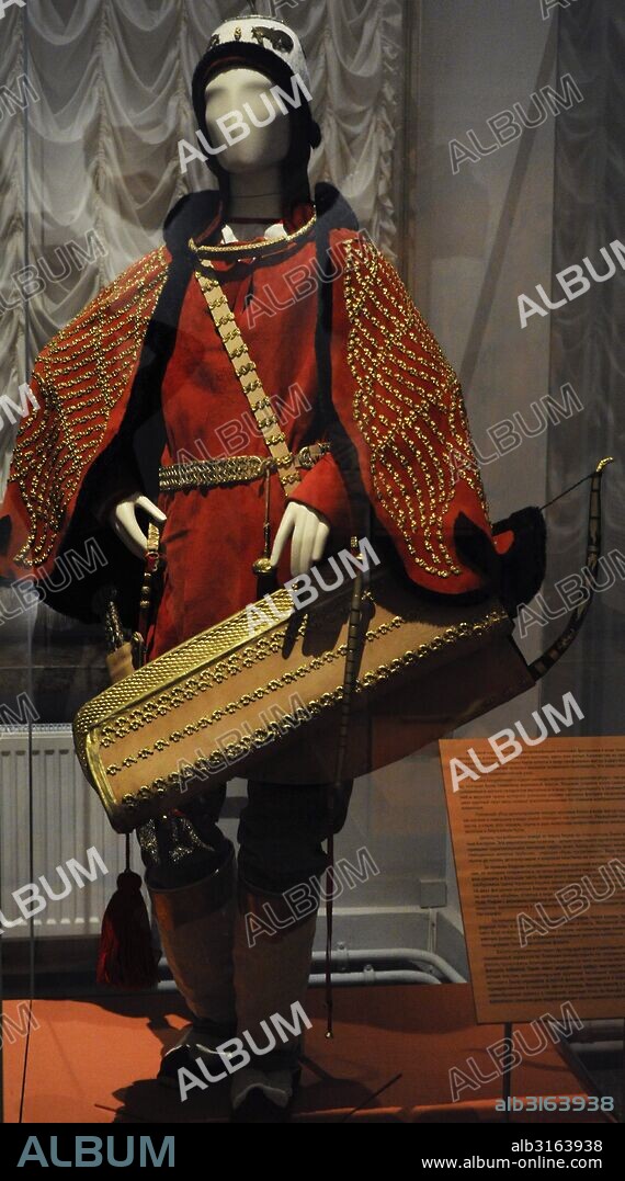 Nomadic Peoples. Siberia. Scythian Kurgan. Reconstruction of costumes, based on the finds from the main burial of barrow Arzhan-2. Culture of Tuva. Royal necropolis. 7th-6th century BC. The State Hermitage Museum. Saint Petersburg. Russia.