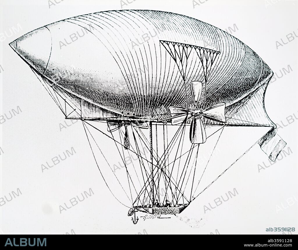 Engraving depicting Prosper Meller's design for a navigable airship. Dated 20th Century.