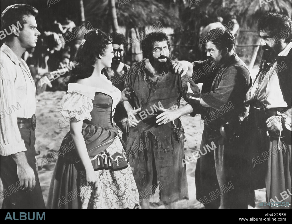 ALAN MOWBRAY, KEITH ANDES and LINDA DARNELL in BLACKBEARD, THE PIRATE, 1952, directed by RAOUL WALSH. Copyright RKO.