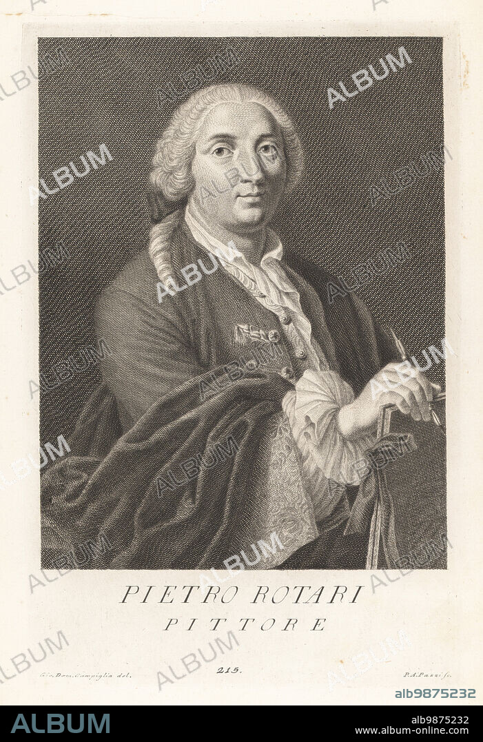 Pietro Antonio Rotari, Italian painter of the Baroque period, 1707-1762. Born in Verona, later court painter to the Russian court in St. Petersburg where he painted many noble beauties. In wig and coat, with double-ended pen and portfolio. Pietro Rotari, Pittore. Copperplate engraving by Pietro Antonio Pazzi after Giovanni Domenico Campiglia after a self portrait by the artist from Francesco Moucke's Museo Florentino (Museum Florentinum), Serie di Ritratti de Pittori (Series of Portraits of Painters) stamperia Mouckiana, Florence, 1752-62.