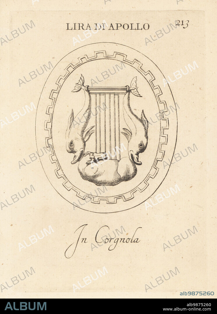Lyre of the Greek god Apollo in cornelian. With two dolphins, his sacred animal, for sides and a bull for a base. Lira di Apollo in corgnola. Copperplate engraving by Giovanni Battista Galestruzzi after Leonardo Agostini from Gemmae et Sculpturae Antiquae Depicti ab Leonardo Augustino Senesi, Abraham Blooteling, Amsterdam, 1685.