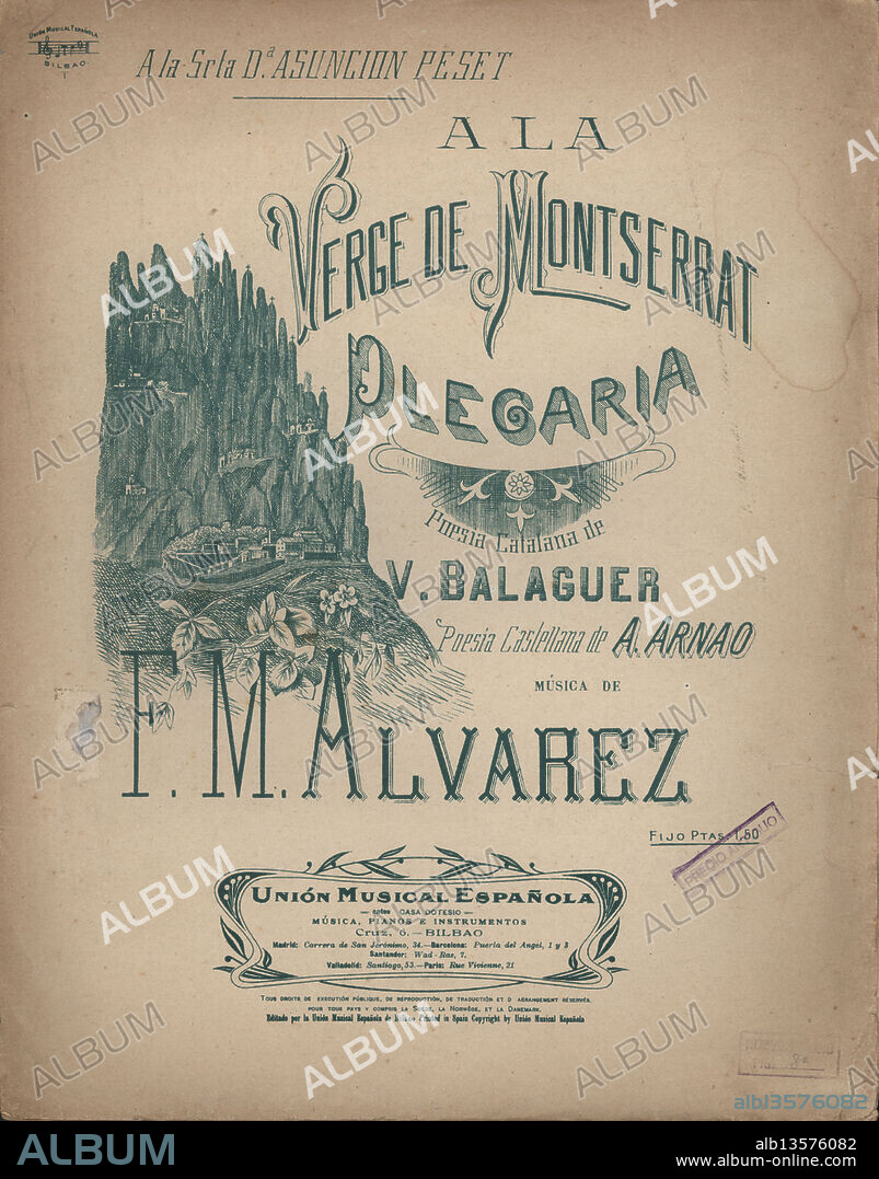 Partitura musical "Plegaria a la Virgen de Montserrat", poesía de Víctor Balaguer, música de F.M. Alvarez, publicada en Barcelona, años 1920.