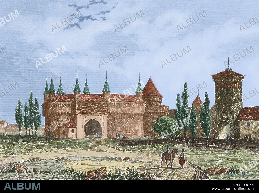Polonia. Cracovia. Puerta de San Florián. Dibujo por Arnout. Grabado del año 1840. Coloreado.