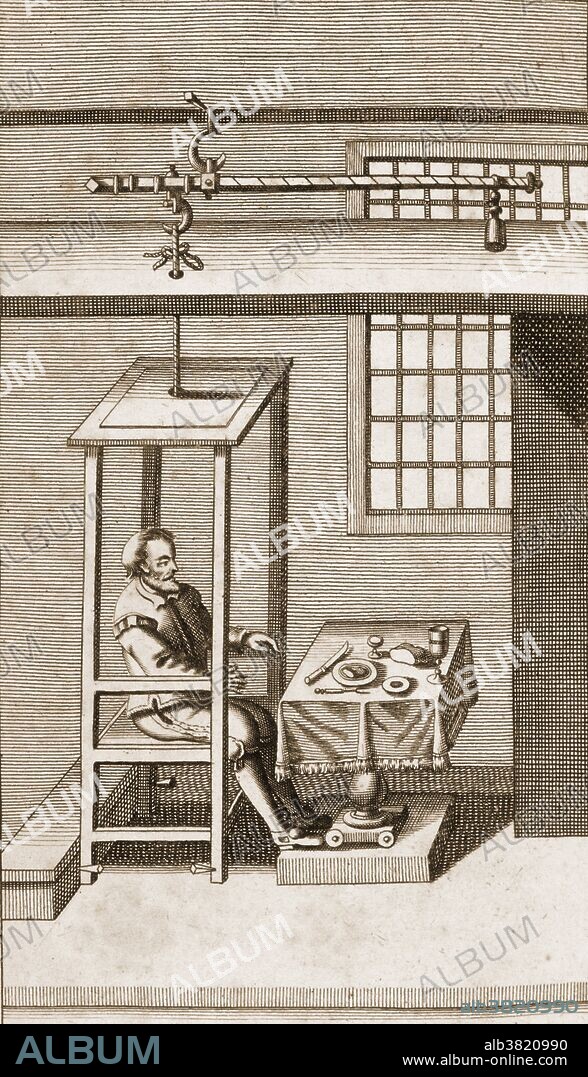 Frontispiece engraving showing Santorio Santorio sitting in the balance that he constructed to determine the net weight change over time after the intake and excretion of food stuffs and fluids. Santorio Santorio (1561-1636) was an Italian physiologist, physician, and professor. He introduced the quantitative approach into medicine. His work De medicina statica influenced generations of physicians. For a period of thirty years Santorio weighed himself, everything he ate and drank, as well as his urine and feces. He compared the weight of what he had eaten to that of his waste products, the latter being considerably smaller because for every eight pounds of food he ate, he excreted only 3 pounds of waste. This important experiment is the origin of the significance of weight measurement in medicine. He is still celebrated as the father of experimental physiology. The "weighing chair" (pictured here) which he constructed and employed during this experiment is also famous. Santorio also designed the clinical thermometer and invented an early waterbed.