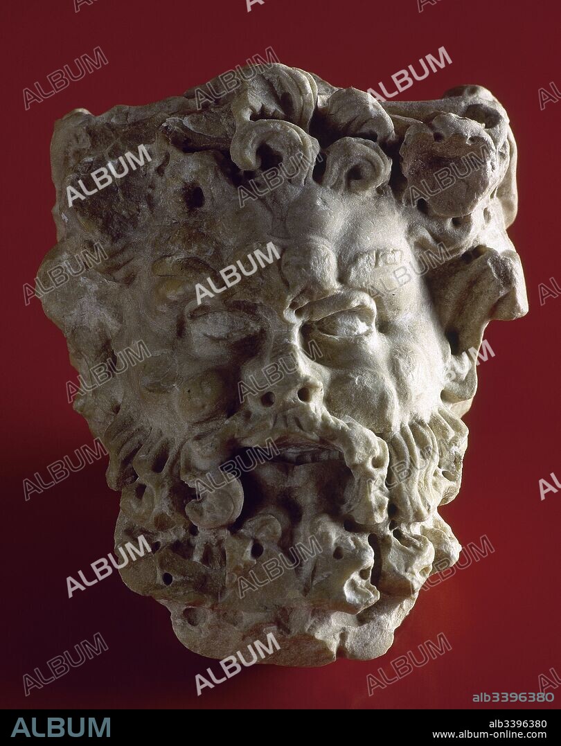Cabeza de Sileno. Personaje mitológico, hijo de Pan o Hermes. Fechada en el siglo I d. C. Procedente de la ciudad de Segóbriga. Museo Arqueológico de Cuenca. Castilla-La Mancha. España.