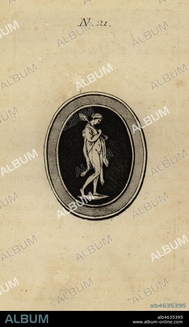 Iole, daughter of King Eurytus, wearing Roman god Hercules lion-skin and carrying his club. Iole portant la massue dHercule. Copperplate engraving from Pierre-Francois dHarcanvilles Monumens du Culte Secret des Dames Romaines, Sabellus, Capri (Monuments to the Secret Cult of Roman Women, Leclerc, Nancy) 1780. Based on imaginary Spintria, medals and cameos.