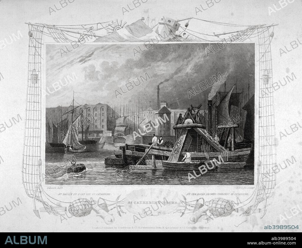 St Katharine's Dock, London, 1834. View of the dock framed by a decorative border including motifs of anchors and fishing nets. The docks opened in October 1828. They were the only major project to be undertaken in London by the famous engineer Thomas Telford.