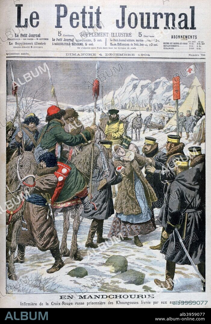 Russian nurse taken prisoner by the Manchus being handed over to the Japanese, Manchuria, Russo-Japanese War, 1904. An illustration from Le Petit Journal, 4th December 1904.