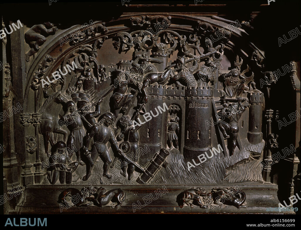 RODRIGO ALEMÁN. SILLERIA BAJA DE LA CATEDRAL DE TOLEDO - TOMA DEL CASTILLO DE ALHAMA (GRANADA) - SIGLO XV - GOTICO ESPAÑOL.