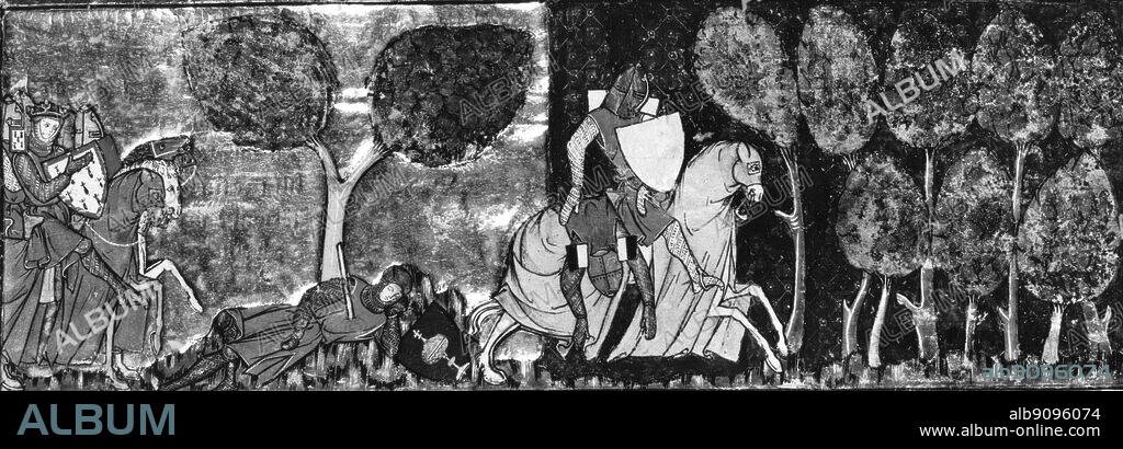 King Arthur finding Sir Keu wounded by Lancelot in a fight to decide which of them should take a prisoner to the King.