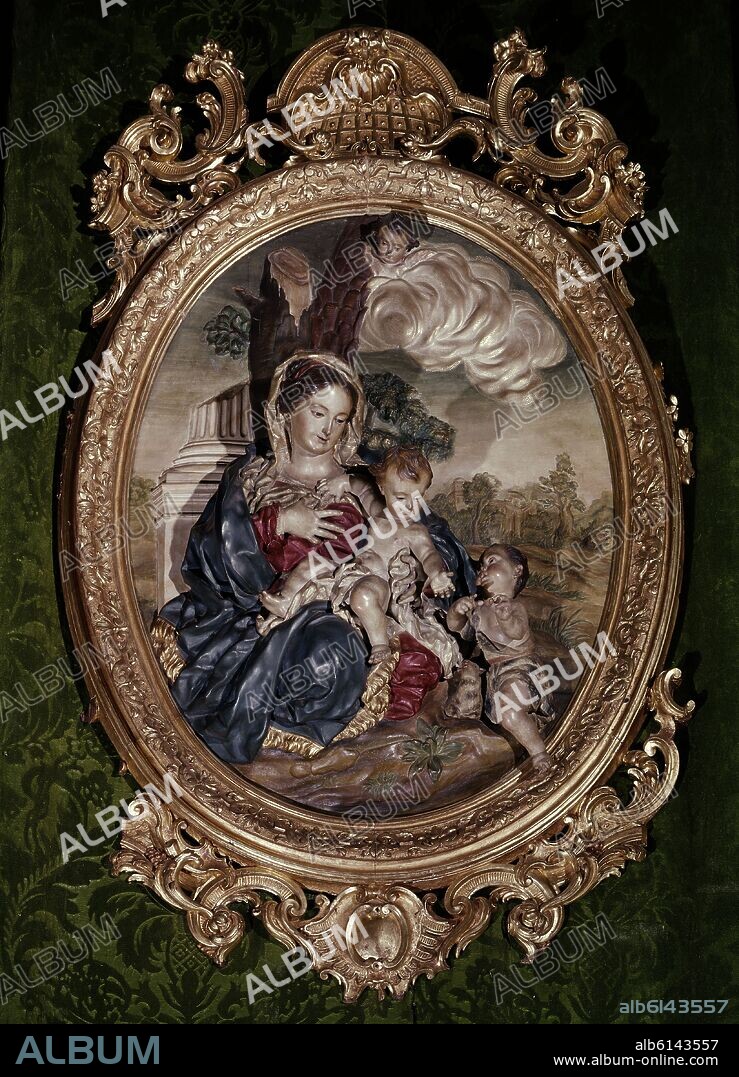 FRANCISCO SALZILLO. MEDALLON DE LA VIRGEN DE LA LECHE - SIGLO XVIII - TALLA EN MADERA POLICROMADA - 70x53 - ROCOCO ESPAÑOL.