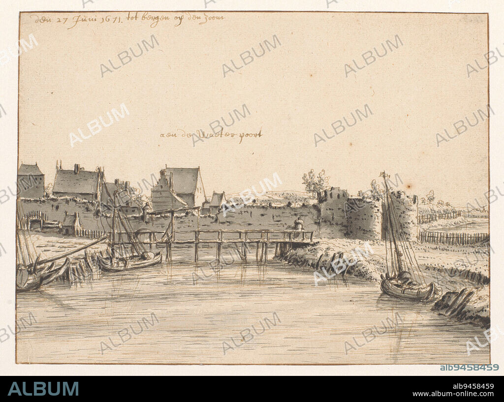 View of the Waterpoort, Bergen op Zoom, Barend Klotz, 1671, draughtsman: Barend Klotz, draughtsman: Valentijn Klotz, (rejected attribution), Bergen op Zoom, 27-Jun-1671, paper, pen, brush, h 147 mm × w 198 mm.