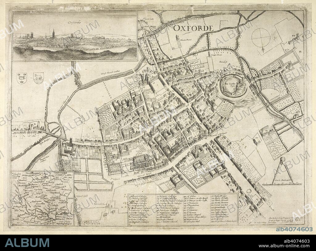 A map of Oxford, with a view of the city, and a small map of the environs. [Oxforde. W. Hollar Bohem. fecit 1643. [Scala perticaruÌƒ,] 50[ = 138 mm. With a view of the city, and a small map of the environs]]. [London] : F. Constable, [1648]. Source: Maps * 4735.(1.). Language: English.
