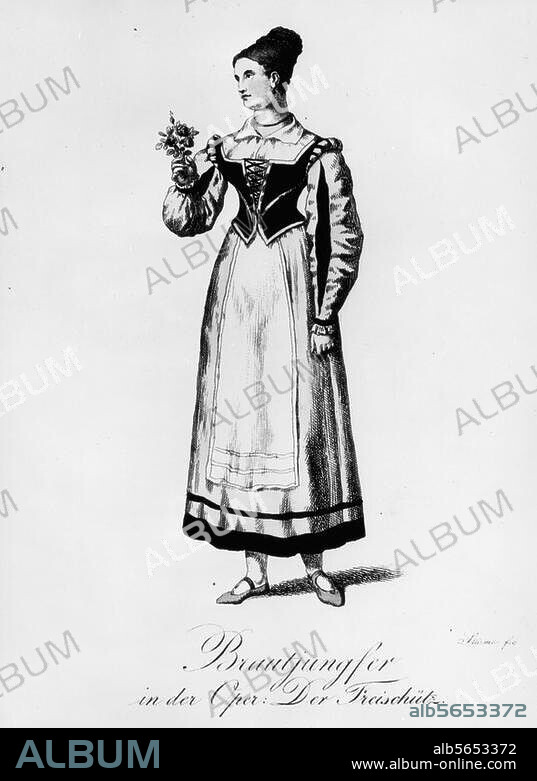 Weber, Carl Maria von; Komponist. 1786-1826. Werke: Der Freischütz (Oper; Libr.: F. Kind; UA 1821). "Brautjungfer". Kostümfigurine der Uraufführung Berlin, Schauspielhaus, 18.6.1821. Kupferstich, kol., zeitgen., nach Zeichnung von Heinrich Stürmer (1774/5-1855).