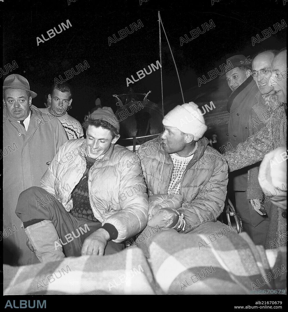 First ascent of the Matterhorn North Face in winter, 1962: Hilti von Allmen (with frostbites on hands) and Paul Etter.
