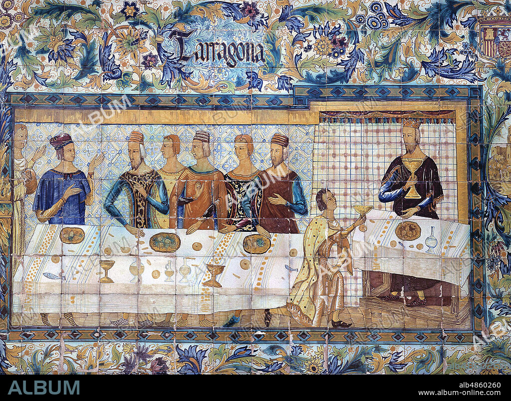 JAIME I " EL CONQUISTADOR " . REY DE ARAGON Y CATALUÑA . 1208 - 1276. REPRESENTACION DE TARRAGONA. " BANQUETE ". AZULEJOS EN LA PLAZA DE ESPAÑA . SEVILLA.