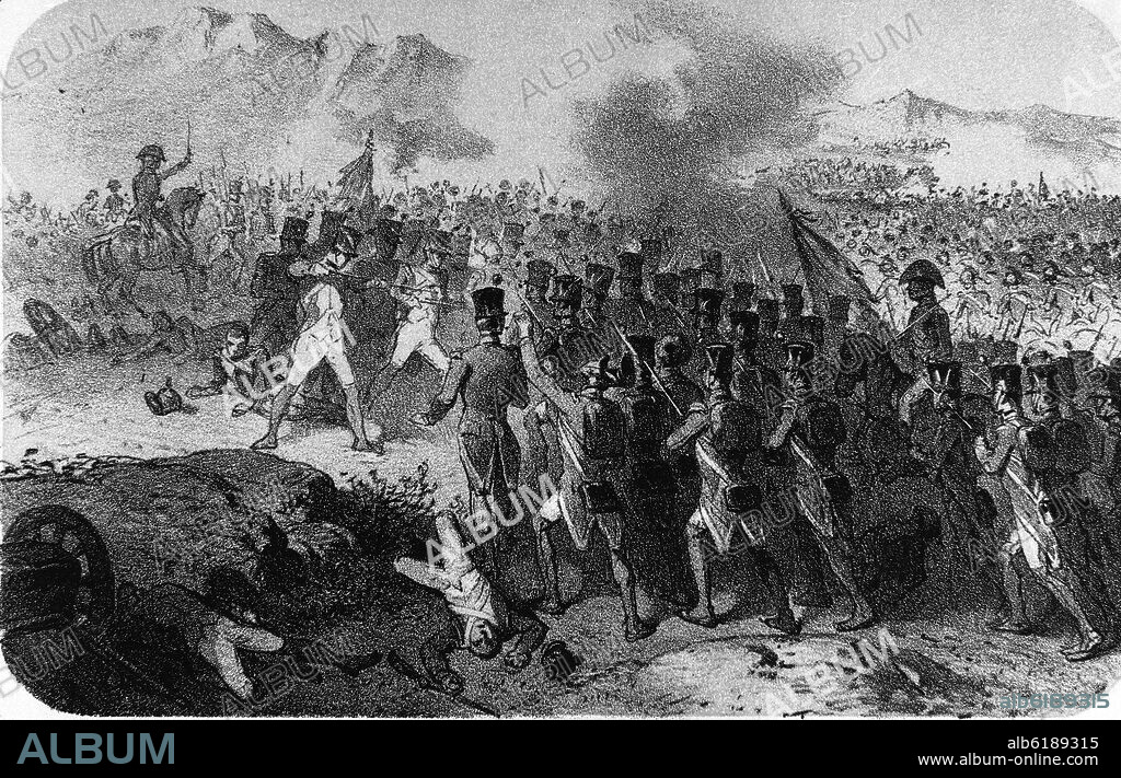 CARLOS MUGICA Y JULIO DONON. FAMOSA BATALLA DE VITORIA - GRABADO SIGLO XIX.