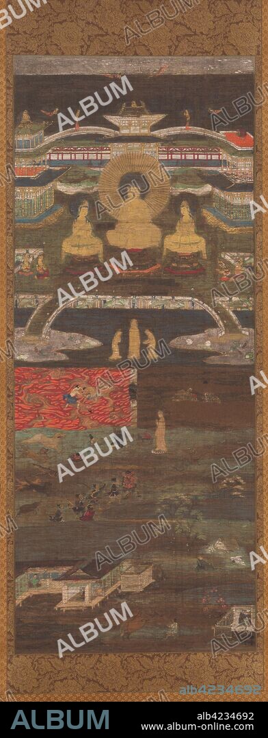 The White Path to the Western Paradise across Two Rivers (Niga Byakudo), 1200s. Japan, Kamakura period (1185-1333). Hanging scroll; ink, color, gold, silver, and cut gold on silk; overall: 215.1 x 67.7 cm (84 11/16 x 26 5/8 in.); overall with knobs: 215.1 x 73.3 cm (84 11/16 x 28 7/8 in.).