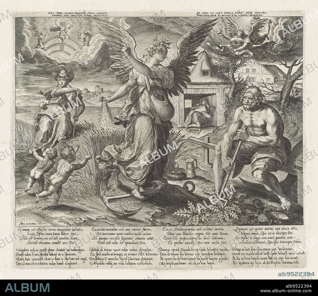 Allegory of Hope, The Four Enemies of the True Believer and the Divine Virtues (series title), In the center, a winged female figure, laurel wreath on head, stands on an anchor. She is sowing wheat and pointing to the sky. In front of her a man digging a hole with his spade among the thistles to hide his earthly treasures (crockery and coins). Behind her a woman mowing the wheat. In the foreground two naked children. In the background the repentant King David, kneeling in prayer in a wooden barn. Top left Christ on a rainbow in the clouds, adored by Mary and John. Top right an angel with skull in hand in the clouds. With caption of 4 columns each in 4 lines of Latin and 4 lines of Dutch., print maker: Hieronymus Wierix, after design by: Maerten de Vos, (mentioned on object), publisher: weduwe Hieronymus Cock, (mentioned on object), Antwerp, 1570 - 1601, paper, engraving, height 294 mm × width 336 mm.