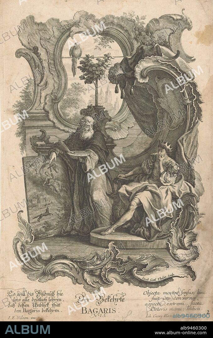 Bagaris the convert, Der Bekehrte Bagaris (title on object), Apelles and Bagaris (series title), On the right on a rocaille throne sits the young king Bagaris. He is looking at a painting of a madonna. To the right of the painting is a monk with painting palette in his hand. In the background rocaille ornaments with a view through to a landscape. In the lower margin twice a four-line German and Latin text. Publisher's number 15., print maker: Jakob Gottlieb Thelott, (mentioned on object), after design by: Johann Esaias Nilson, (mentioned on object), publisher: Johann Georg Hertel (I), (mentioned on object), Augsburg, 1731 - 1760, paper, etching, engraving, height 320 mm × width 207 mm.