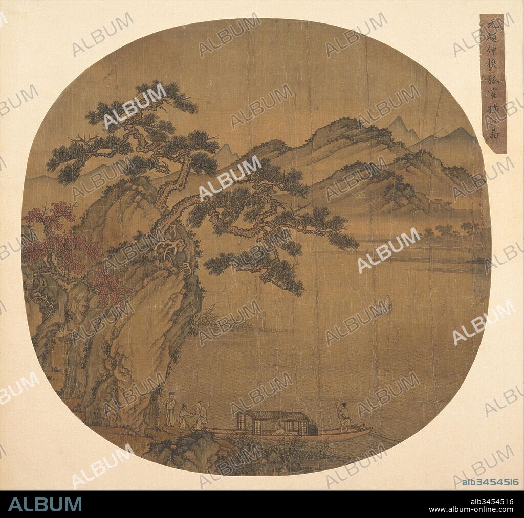 ?/? ?? ???? ??? ??????? ?, Illustration of Su Shi's 'Second Ode on the Red Cliff', Ming dynasty (1368–1644), late 14th–early 15th century, China, Fan mounted as an album leaf; ink and color on silk, Image: 12 3/8 x 12 3/8 in. (31.4 x 31.4 cm), Paintings, Unidentified Artist, In the style of Sheng Mou (Chinese, active ca. 1310–1360), The subject and style of this fan painting exemplify late Yuan scholarly taste. The picture illustrates the celebrated 'Second Ode on the Red Cliff' by the Northern Song scholar-artist Su Shi (1036–1101), in which a poet dreams that a crane he saw during an outing was a Daoist immortal in disguise.