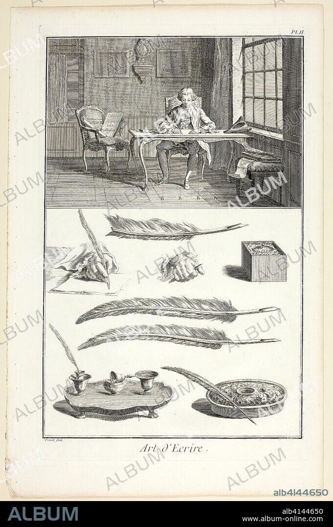 BENOÎT-LOUIS PRÉVOST. Art of Writing, from Encyclopédie. Benoît-Louis Prévost (French, c. 1735-1809); after Antoine-Gaspard Boucher d'Argis (French, 1708-1791); published by André le Breton (French, 1708-1779), Michel-Antoine David (French, c. 1707-1769), Laurent Durand (French, 1712-1763), and Antoine-Claude Briasson (French, 1700-1775). Date: 1760. Dimensions: 330 × 210 mm (image); 355 × 222 mm (plate); 400 × 260 mm (sheet). Engraving, with etching, on cream laid paper. Origin: France.