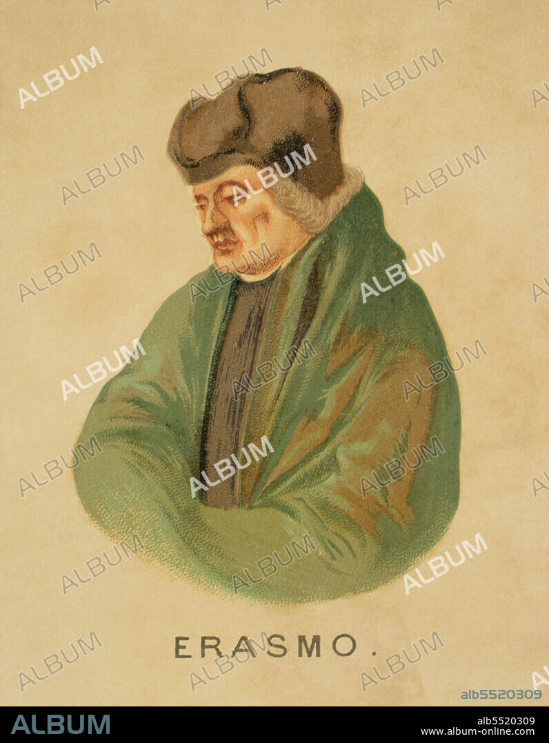 Erasmo de Rotterdam (h. 1466-1536). Teólogo, filósofo y humanista holandés. Retrato. Cromolitografía. Historia Universal, por César Cantú. Tomo VIII. Publicado en Barcelona, 1886.