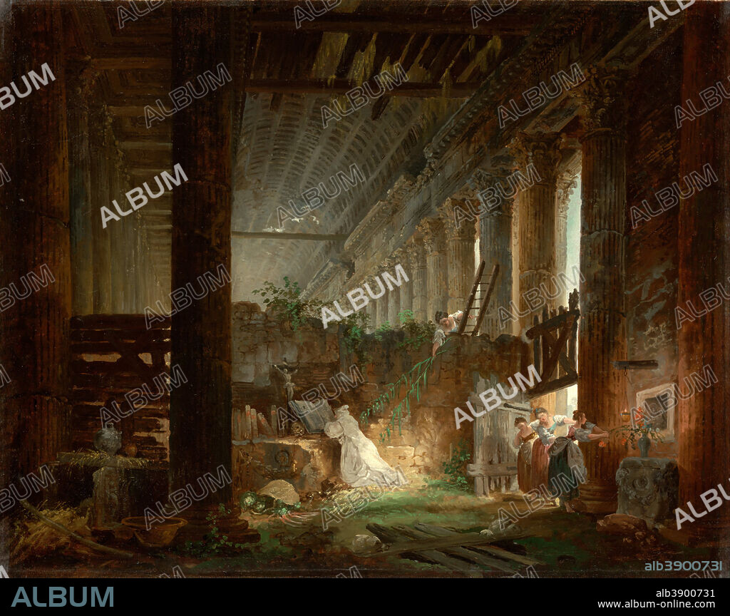 HUBERT ROBERT. A Hermit Praying in the Ruins of a Roman Temple. Date/Period: Ca. 1760. Painting. Oil on canvas. Height: 578 mm (22.75 in); Width: 705 mm (27.75 in).