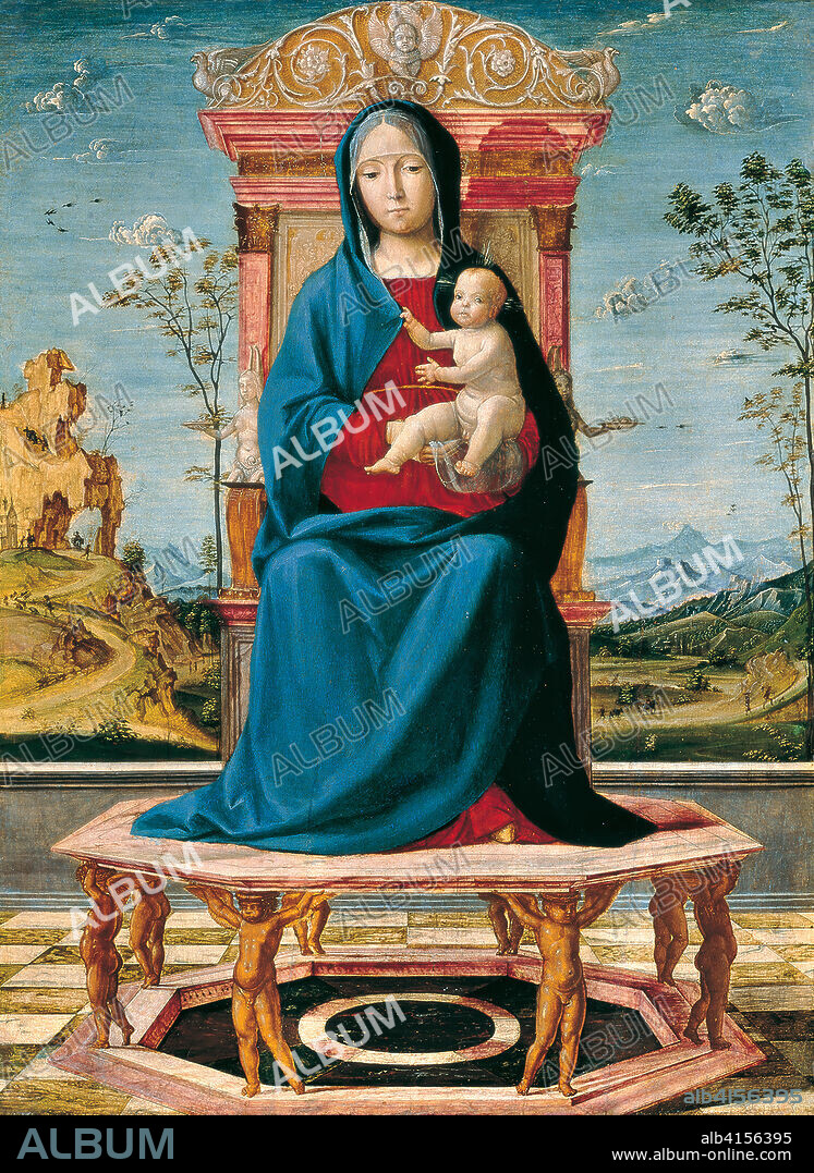 Lorenzo Costa (Ferrara, c. 1460-Mantua, 1535). La Virgen entronizada con el Niño (hacia 1495). Óleo sobre tabla. 49,5 x 36,5 cm.