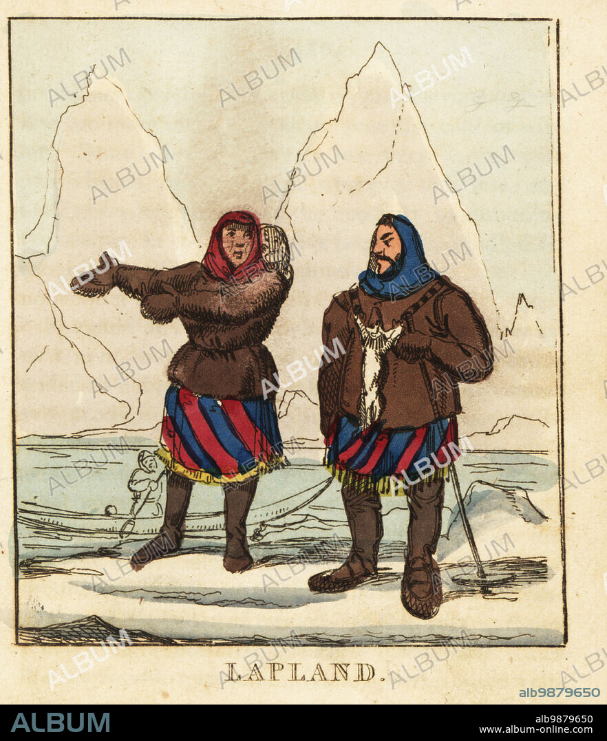 Costumes of the Sami people of Lapland, 19th century. A family standing on an ice floe in front of a kayak. They wear hooded suits, gloves and boots made of reindeer-skin with striped skirts. Handcoloured copperplate engraving from The World in Miniature, or Panorama of the Costumes, Manners & Customs of All Nations, John Bysh, London, 1825.