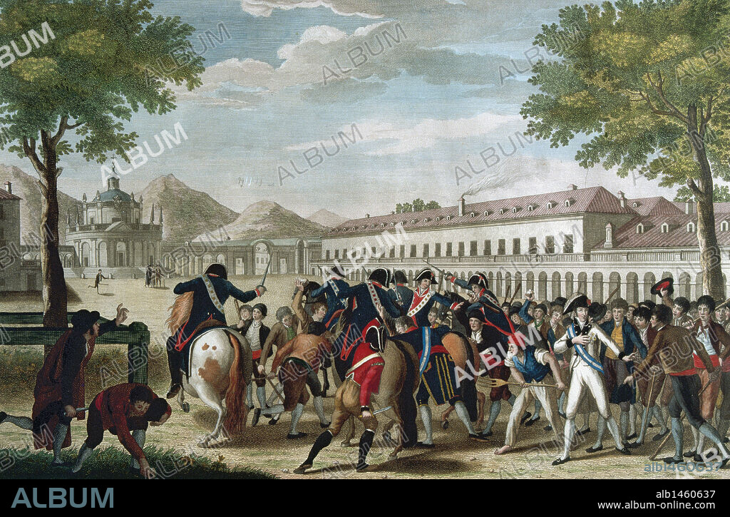 MOTIN DE ARANJUEZ (1808). Insurrección que estalló contra el primer ministro Manuel GODOY en la noche del 17 al 18 de marzo de 1808, a cargo de los nobles del partido fernandino. El dia 19, el rey Carlos IV abdicó en favor de su hijo, el futuro rey Fernando VII. Grabado. Patrimonio Nacional. Madrid. España.