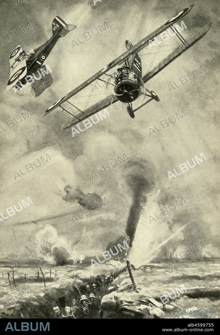 Trench Strafing, First World War, (c1920). 'British low-flying scouts co-operating in an infantry attack on the Western Front'. Biplanes shooting at Germans in the trenches. Drawn by Joseph Simpson. From "The Great World War: A History", Volume IX, edited by Frank A Mumby. [The Gresham Publishing Company Ltd, London, c1920].