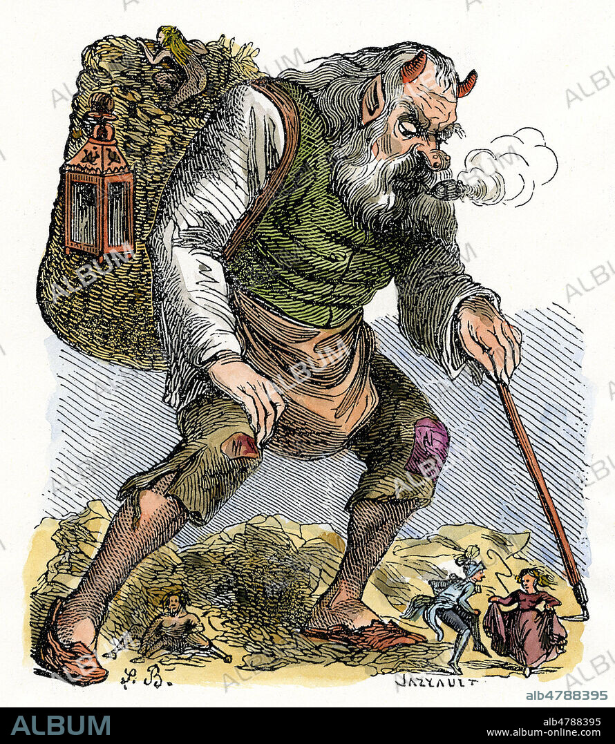 RAHOUART. Demon qui emporte dans sa hotte l'ame du mauvais riche quand il est mort. Illustration de 1863 par Louis BRETON pour le Dictionnaire Infernal par Jacques COLLIN de PLANCY (1793-1887). Mise en couleur par nos soins. Credit Collection Jonas/Kharbine Tapabor.