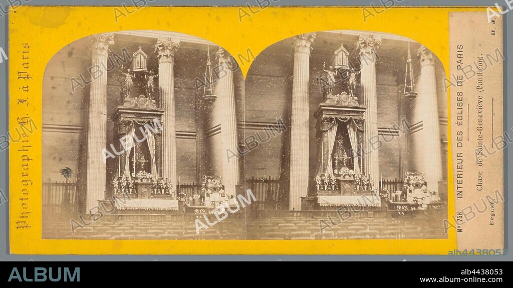 Interior of the Panthéon in Paris, Chase de Sainte-Geneviève (Panthéon) (title on object), Interior of the Glises de Paris (series title on object), parts of church interior: chapel, Panthé on, HJ (mentioned on object), Panthéon, c. 1850 - c. 1880, photographic paper, cardboard, albumen print, h 87 mm × w 172 mm.