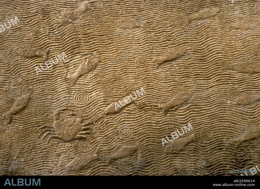 Relieves de cangrejos y peces en el Eufrates. Procede del Palacio del Rey Sennacherib o Senaquerib (700-692 a. C.). Nínive. British Museum. Londres. Inglaterra.