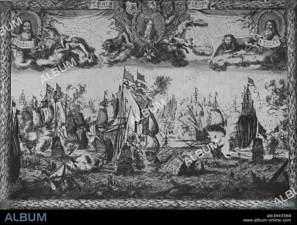 'Battle of the Texel', c1675. The naval Battle of Texel took place on 21 August 1673 between the Dutch and the combined English and French fleets. It was the last major battle of the Third Anglo-Dutch War. From Old Naval Prints, by Charles N. Robinson & Geoffrey Holme. [The Studio Limited, London, 1924].