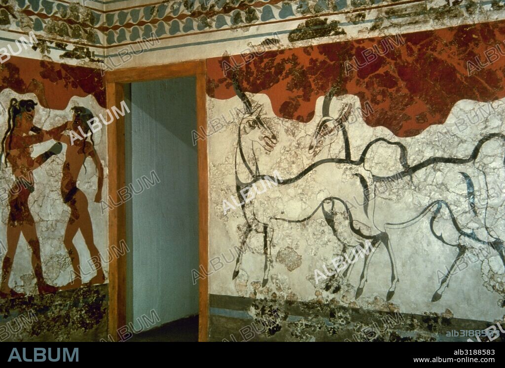 The Boxer and The Antelope fresco. 16th century BC. Room B1. Building B. Detail. Akrotiri, Thera (now Santorini). National Archaeological Museum. Athens, Greece.