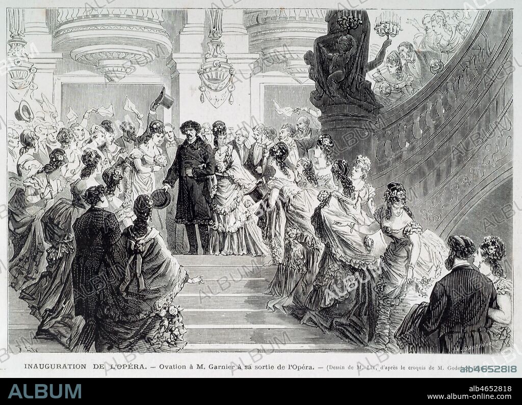 Inauguration de l'opera. Ovation a M. Charles Garnier (1825-1898) a sa sortie de l'Opera. Illustration de F. LIX (1830-1897) dans le monde illustre du 16/01/1875. Credit : Collection Kharbine-Tapabor.