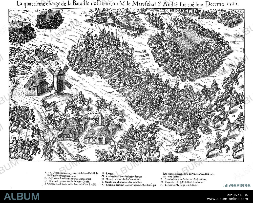 JACQUES TORTOREL and JEAN JACQUES PERRISSIN. Fourth charge at the Battle of Dreux, French Religious Wars, 19 December 1562 (1570). The outcome of the battle was indecisive, although notable for the fact that the commanders of both sides, Anne de Montmorency (1493-1567), Constable of France and leader of the Catholic forces and the Huguenot Louis, Prince de Conde (1530-1569) were both taken prisoner. Both sides suffered very heavy casualties, including the Catholic Jacques d'Albon, Marshal Saint-Andre, who was murdered after falling into Huguenot hands. The French Religious Wars between the Catholics and the Protestant Huguenots took place between 1562 and 1598. The conflict ended when Henry IV issued the Edict of Nantes, granting Protestants and Catholics equal rights.