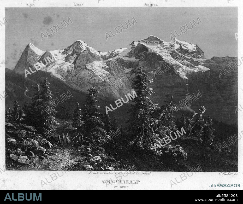 Wengernalp (Berner Oberland). Blick auf Eiger, Mönch und Jungfrau. Stahlstich von C. Huber, um 1850.