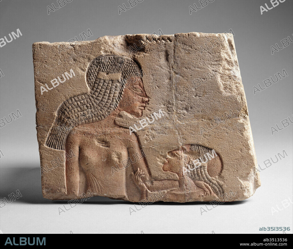 Two Princesses, New Kingdom, Amarna Period, Dynasty 18, ca. 1353–1336 B.C., From Egypt, Middle Egypt, Hermopolis (Ashmunein; Khemenu), Pylon of Ramesses II, Foundations, Deutsche Hermopolis Expedition 1939; Probably originally from Amarna (Akhetaten), Limestone, paint, h. 21.2 cm (8 3/4 in); w. 29.2 cm (11 1/2 in); d. 2.2 cm (7/8 in), The demonstration of affection in this detail showing two of Akhenaten's daughters is typical of the intimacy allowed in representations of the royal family during the Amarna period. Although affectionate gestures are not entirely unknown in royal art of other eras, the casual pose and the fully frontal depiction of the older sister's torso are unparalleled among royal figures and are extremely rare in any type of representation during other periods of Egyptian art.