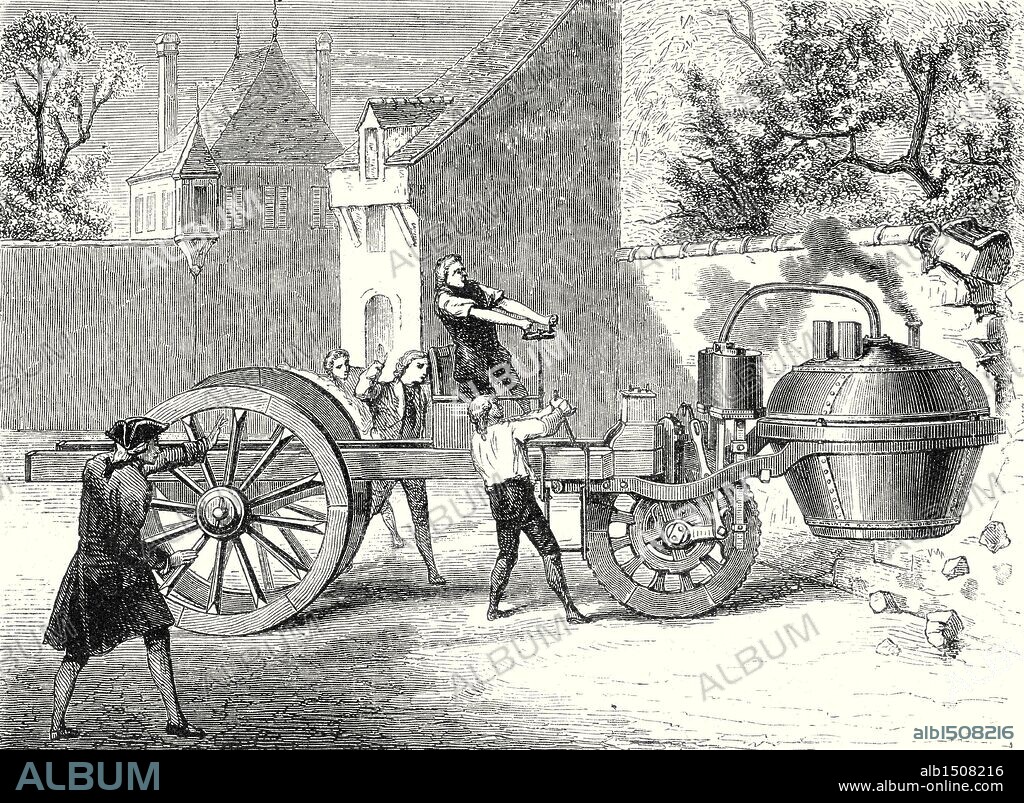 The first steam car tested by the inventor Cugnot, at Arsenal in Paris in 1770.