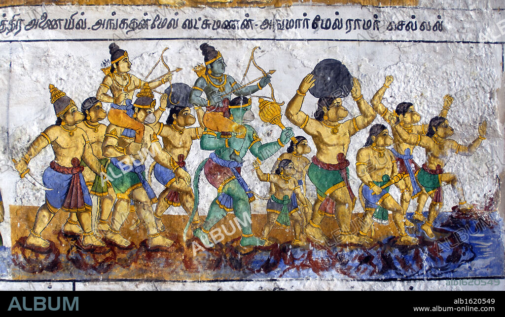 Murals- Epic Ramayana-Wall Paintings in Ramasamy Temple at Kumbakonam, Tamil Nadu, India- Rama on the shoulder of Hanuman and Lakshman on Angadhan, they are crossing the Rama Sethu (Bridge). The Rama Sethu - a thin bridge which connects India to Sri Lanka is one of the most important physical landmarks to ancient Hindu heritage, venerated as the bridge that Lord Rama's armies built to reach Lanka for battle with Ravana. Artist Unknown.