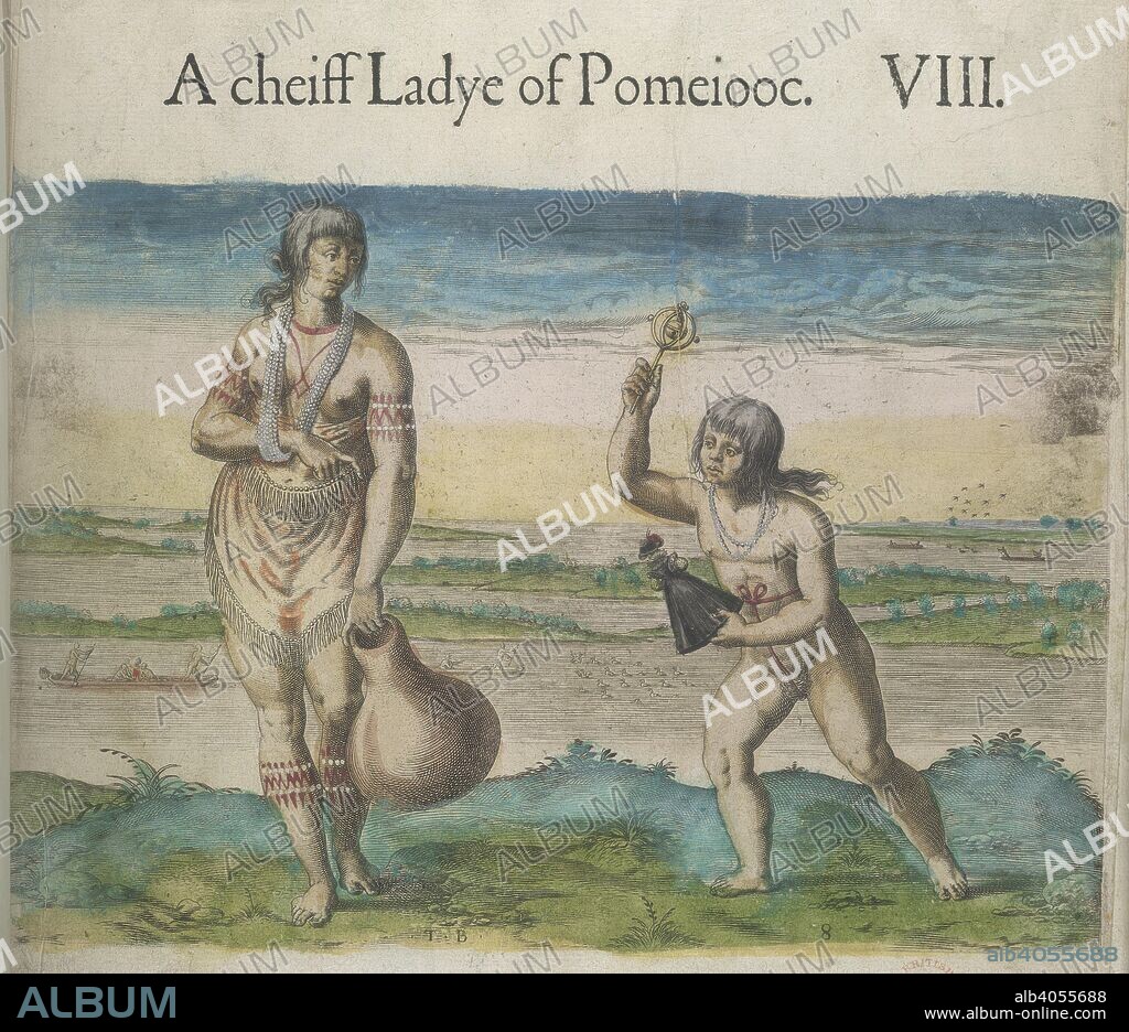 THEODOR DE BRY, WILLIAM STRACHEY and JOHN WHITE. 'A cheiff ladye of Pomeiooc'. 'A noble married woman of Pomeiooc'.  Engraving of a woman wearing an apron-skirt of fringed skin edged with a single row of beads. She has painted or tattooed decoration on her face, upper arms, and calves, and holds a large bottle-shaped gourd vessel. The girl wears a thong, and holds a doll dressed in Elizabethan female costume, and an English rattle. They are set in a landscape with figures fishing in canoes. Travels through Virginia. [From Theodor de Bry's 'America', Vol. I, 1590, after a drawing of John White]. England; 1618. Source: Sloane 1622, f.77. Language: English.