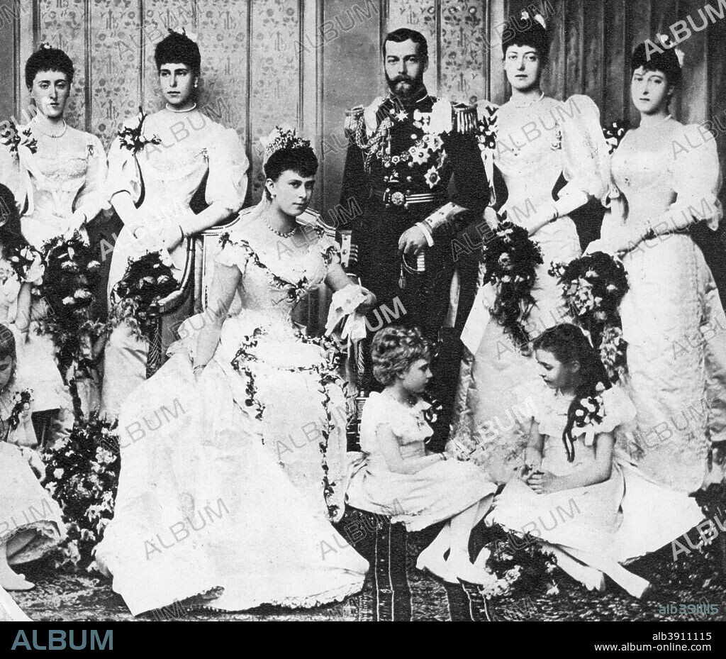 Wedding portrait of Prince George and Princess Mary of Teck, 6 July 1893. Wedding group of the future King George and Queen Mary. Illustration from George V and Edward VIII, A Royal Souvenir, by FGH Salusbury, a souvenir book published as Edward VIII was crowned following the death of his father, George V, (Daily Express Publication, London, 1936).