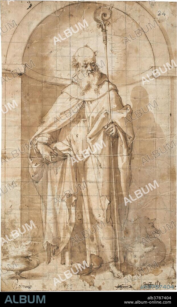 ROMULO CINCINATO. Romolo Cincinato / 'San Antonio Abad'. Segunda mitad del siglo XVI. Aguada parda, Pluma sobre papel verjurado, amarillento, 280 x 174 mm.